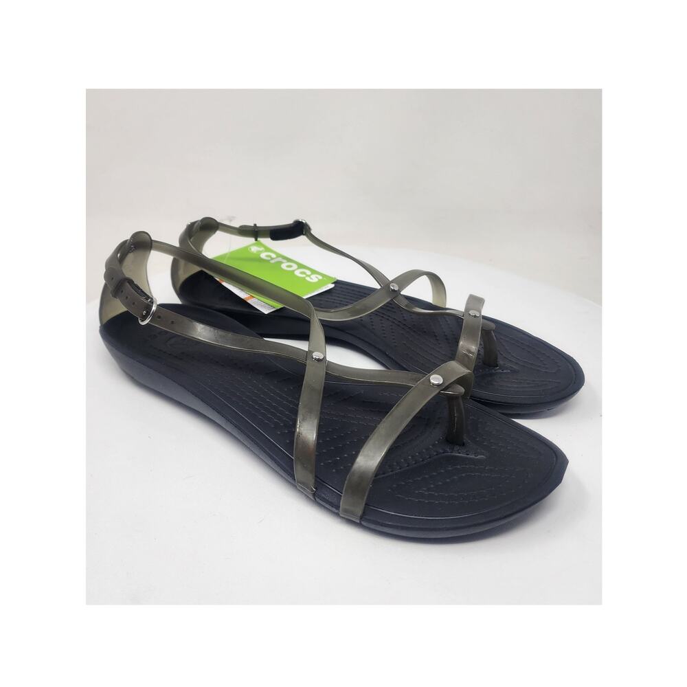 Crocs Really Sexi Flip Jelly Sandal Women 11 Black Grey Studded Buckle Flat NWT